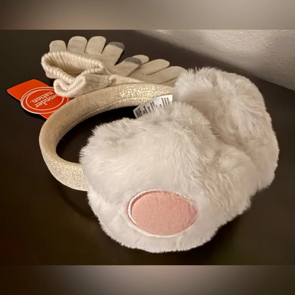Wonder Nation Girls Winter Earmuffs & Touchscreen Gloves Set | Cream | Big Girls